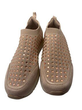 Anne Klein Womens I-Flex Beige Slip-On Sneakers With Gold & Rhinestone Embellish